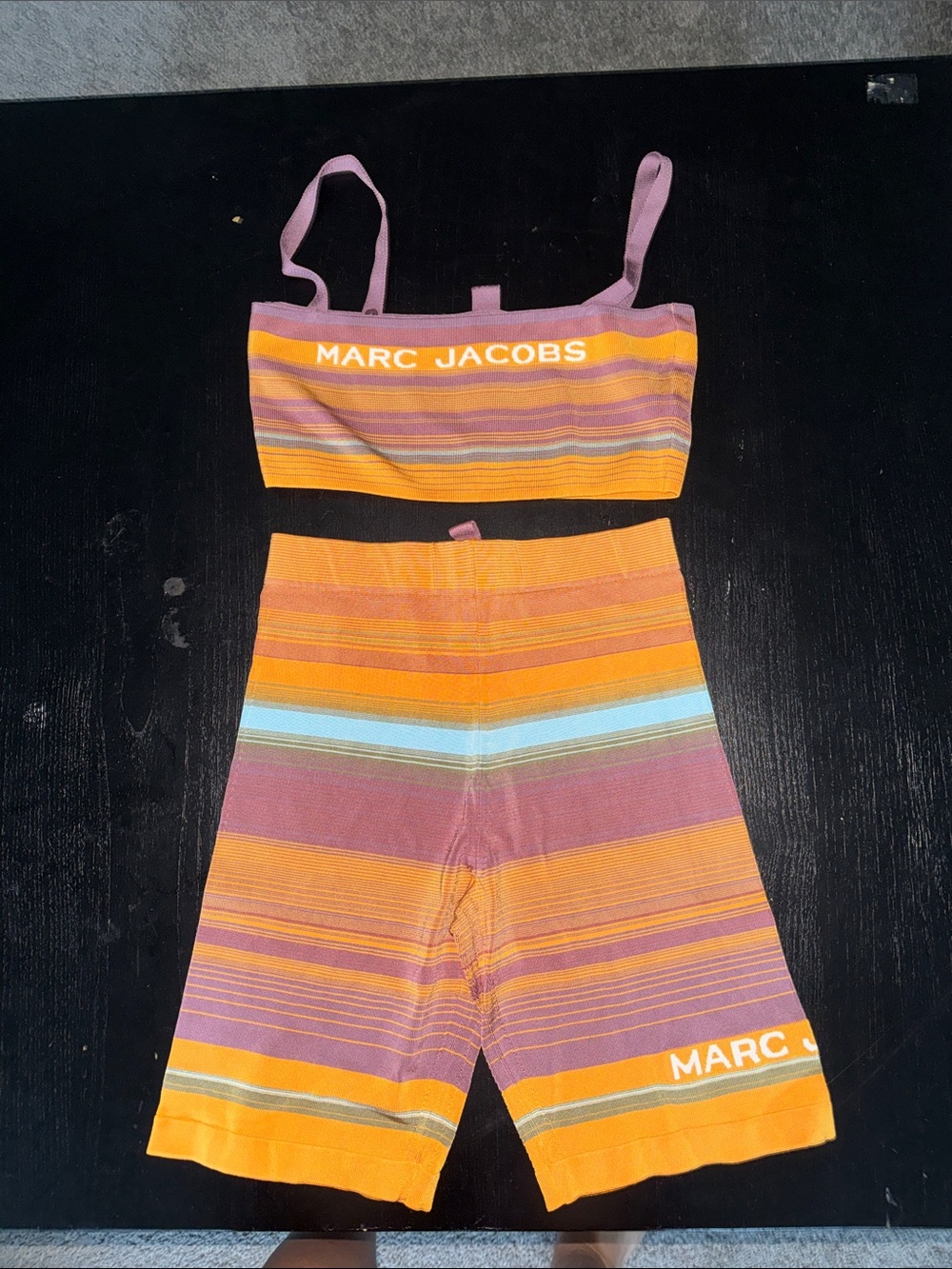 Marc Jacobs Orange & Purple Striped Knit Bralette and Bike Shorts Set